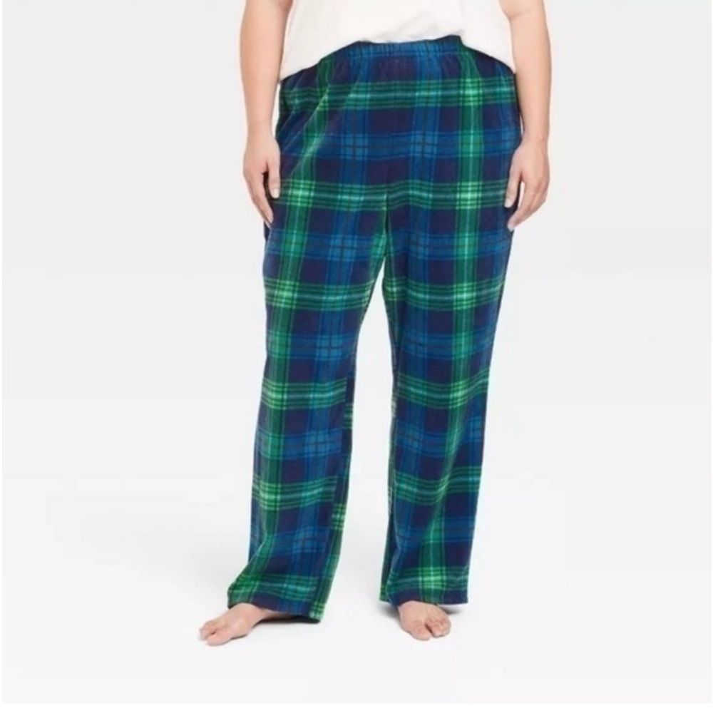 Wondershop Pajama Pants Blue Green Tartan Plaid Fleece Plus Size Holiday X-Mas